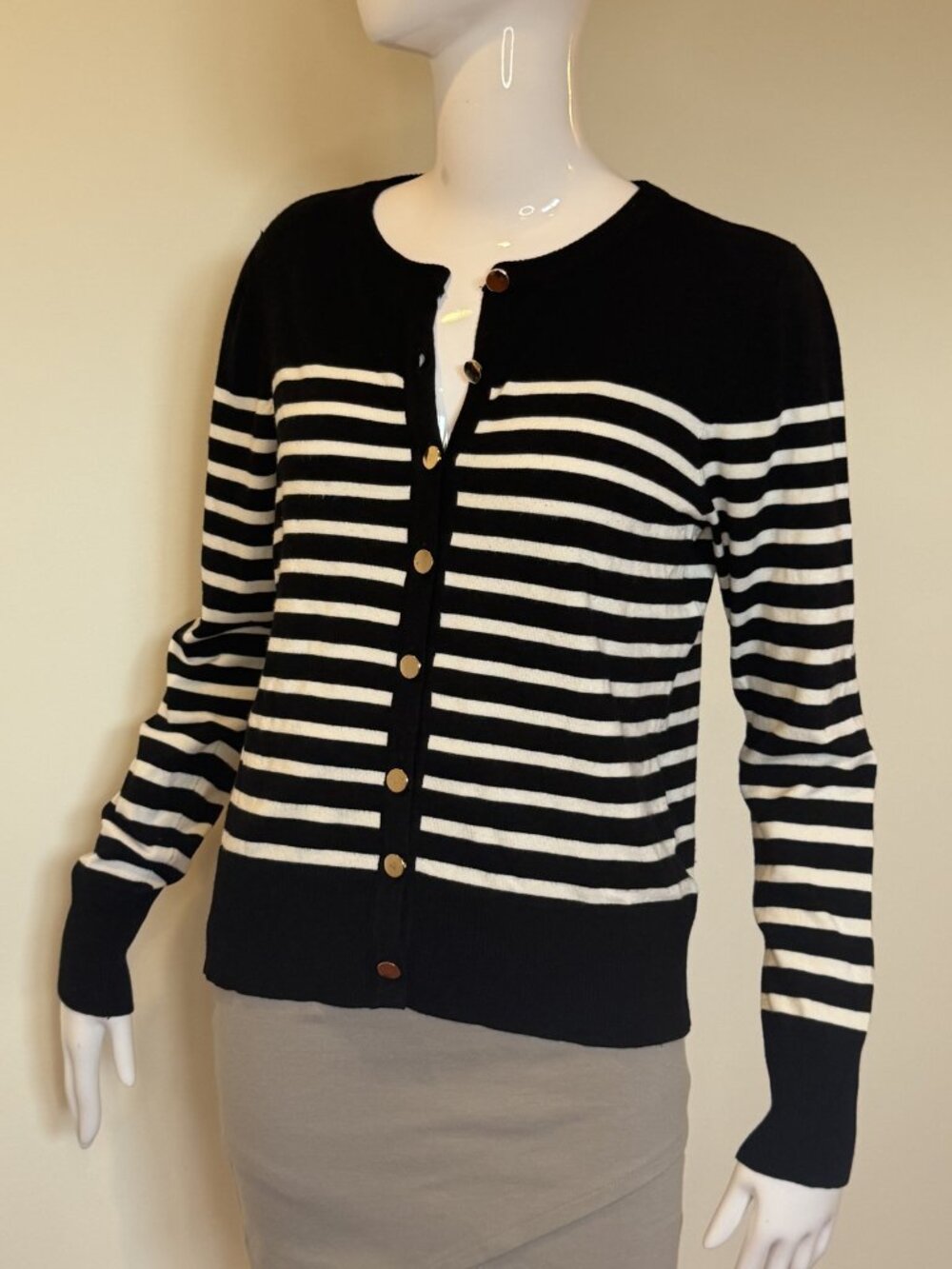 Kaily K Black White Striped Gold Button Cardigan